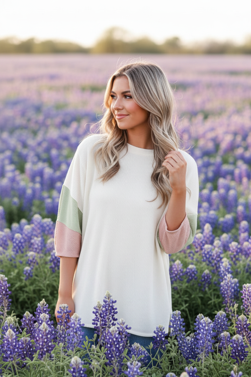 White Ribbed Color Block Top