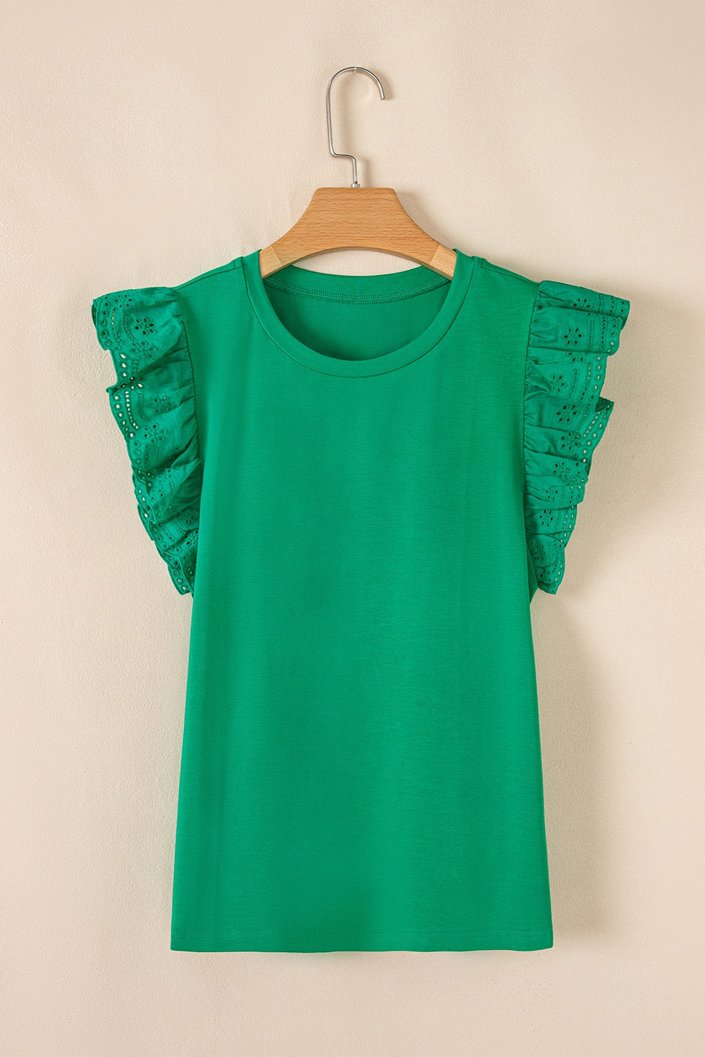 Embroidered Ruffle Sleeve Top - Green