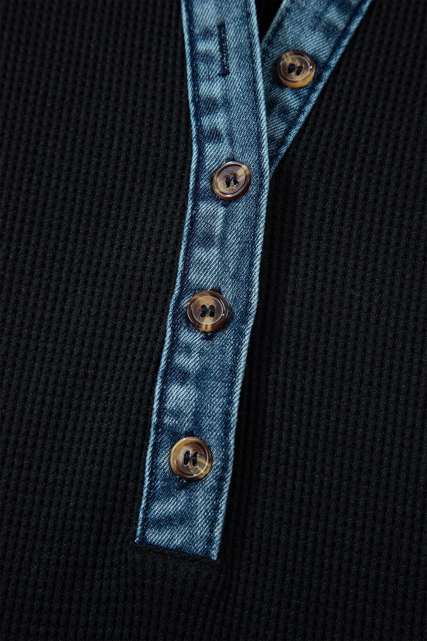 Black Waffle Knit Denim Detail Dress