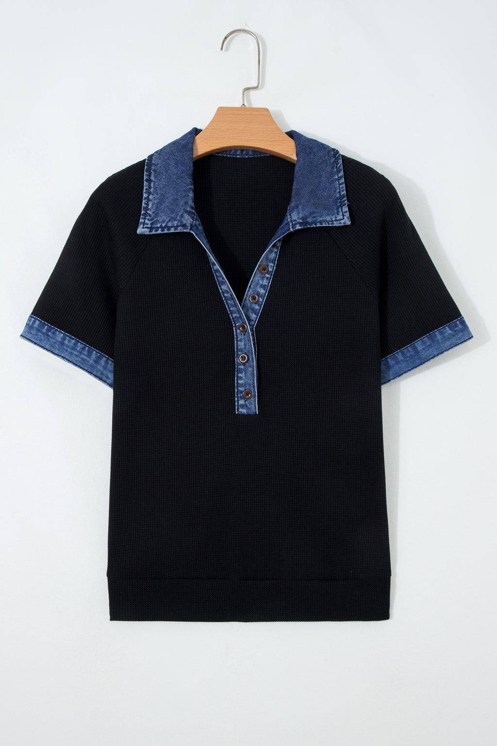 Black Waffle Knit Denim Detail Shirt