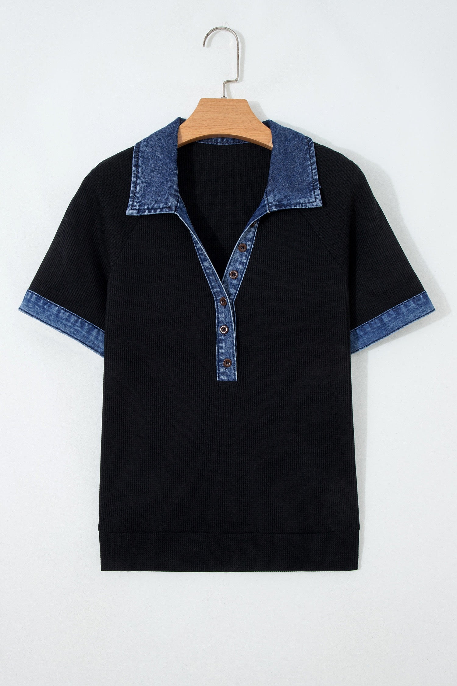 Black Waffle Knit Denim Detail Shirt