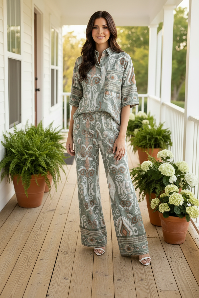 Embellished Printed Pant Set - Sage