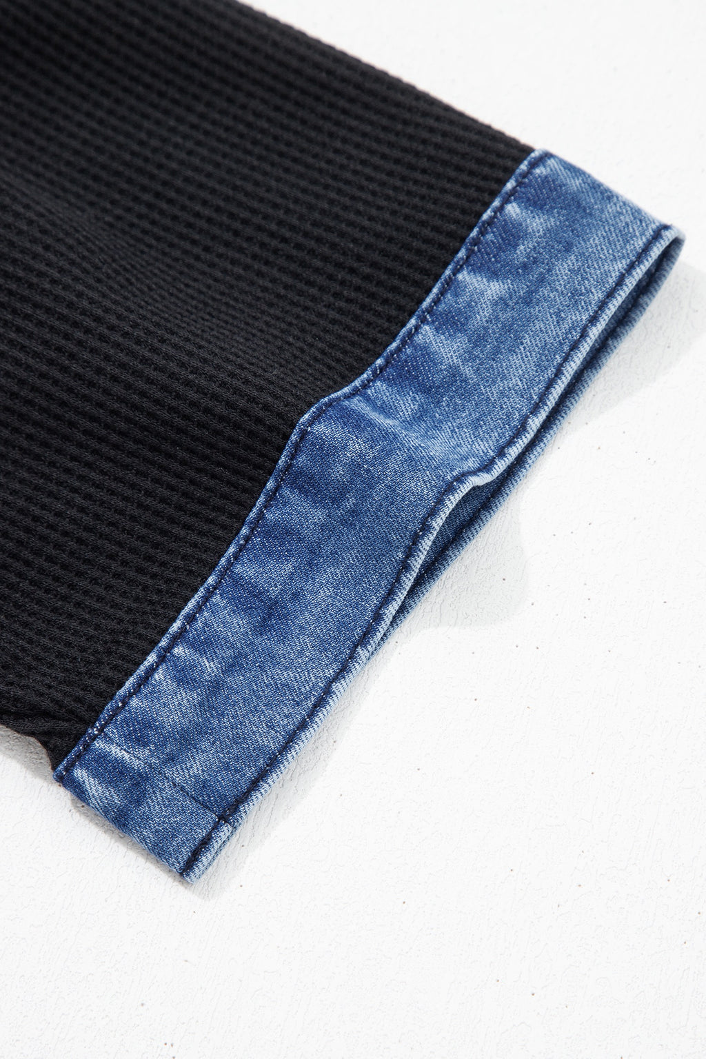 Black Waffle Knit Denim Detail Shirt