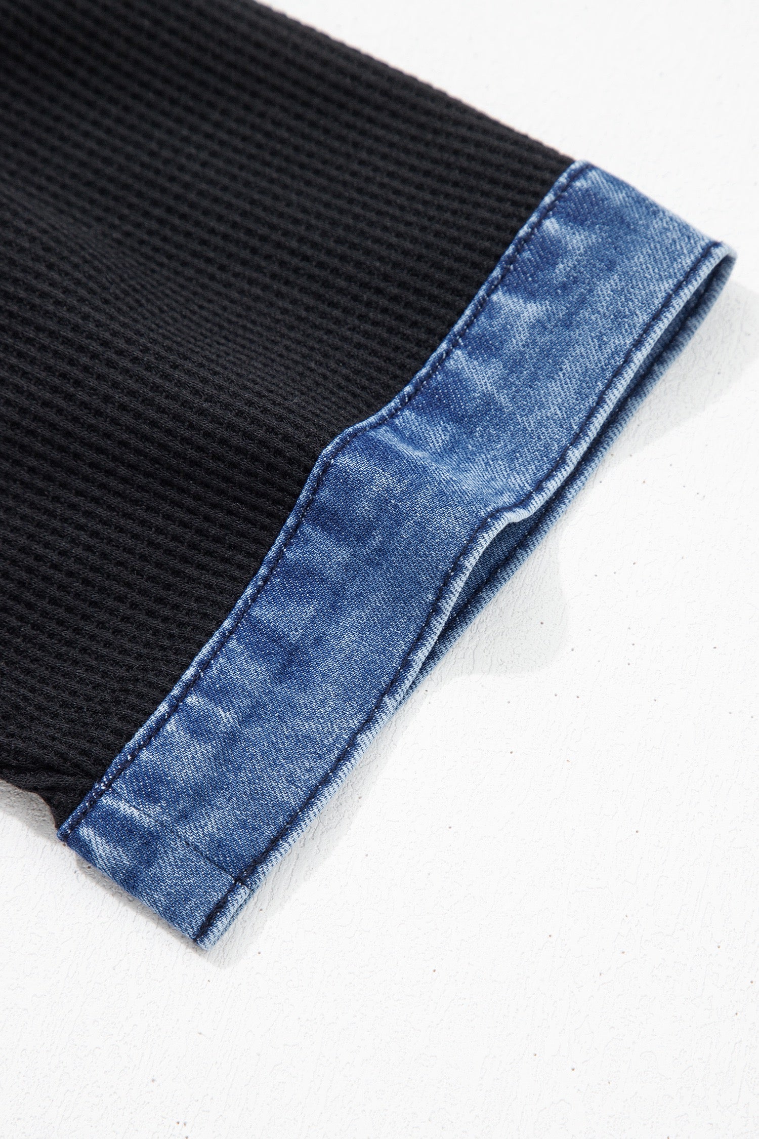 Black Waffle Knit Denim Detail Shirt