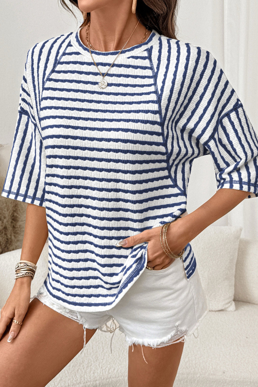 Navy Blue Striped Textured Top