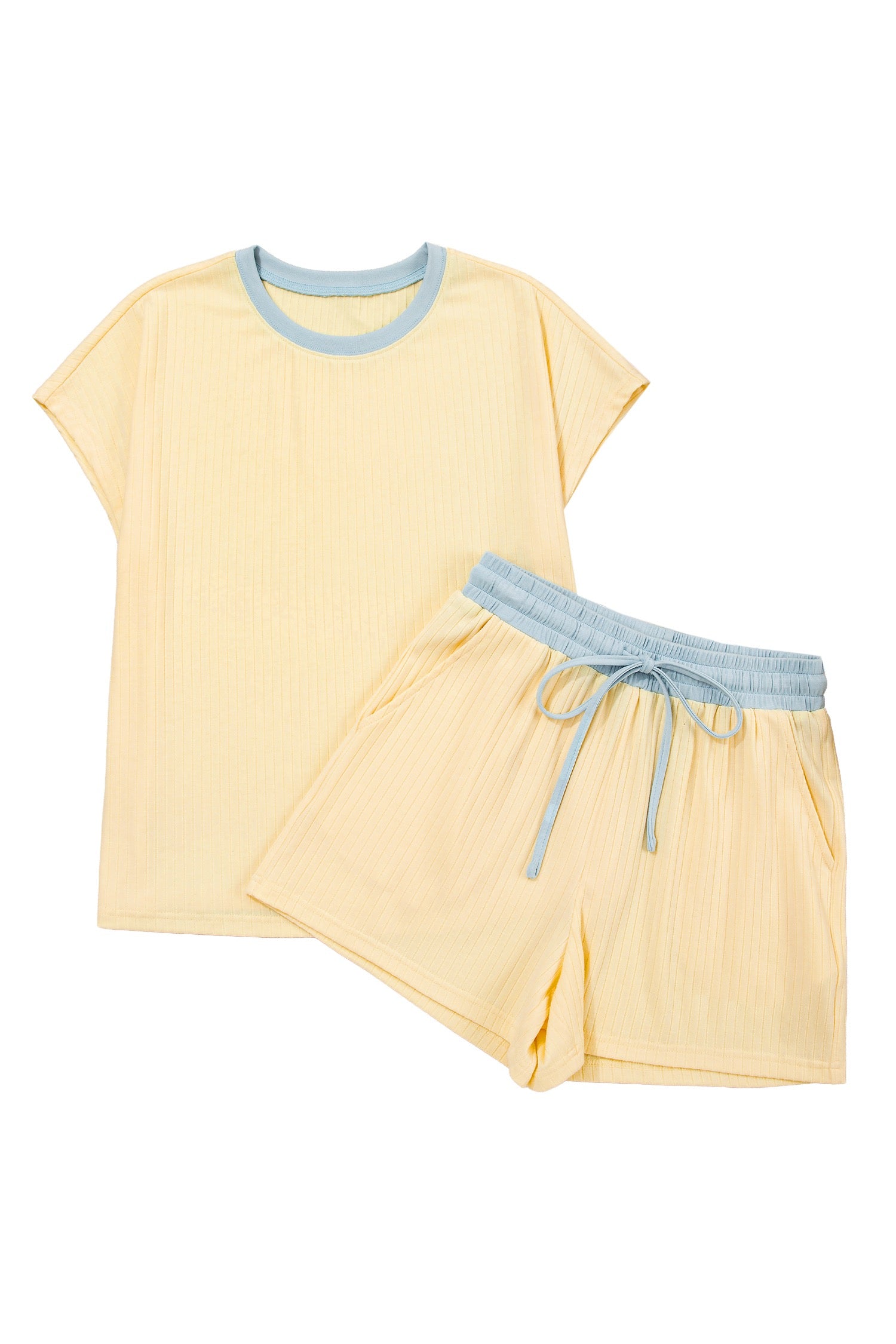 Butter Yellow Soft Ribbed Color Block Short Set