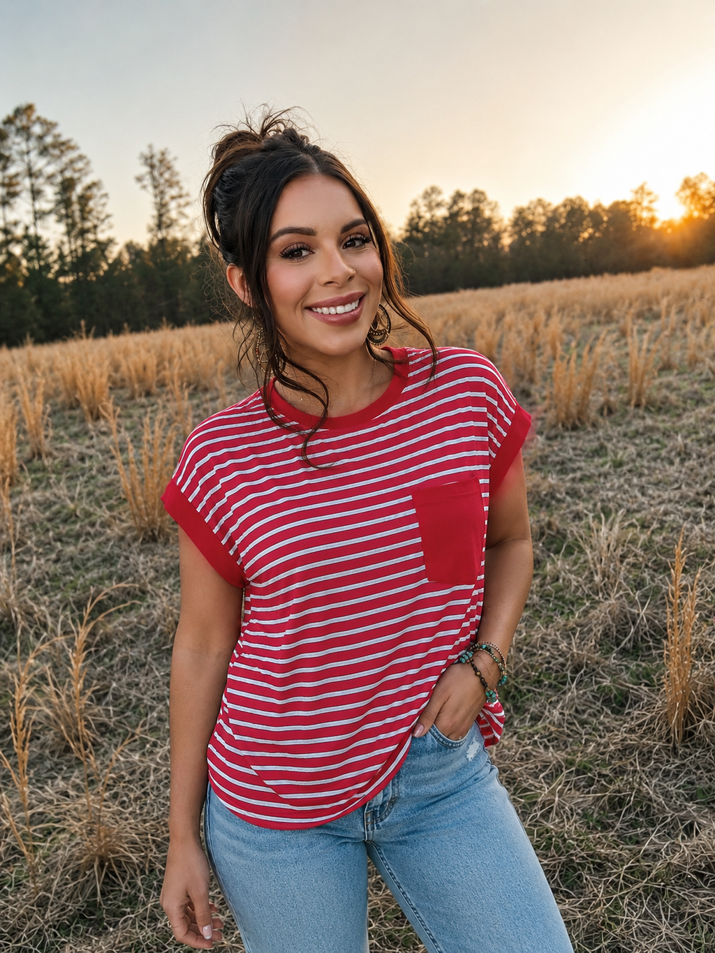 Striped Pocket Tank - Red