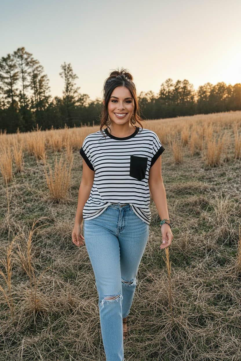 Striped Pocket Tank - Black