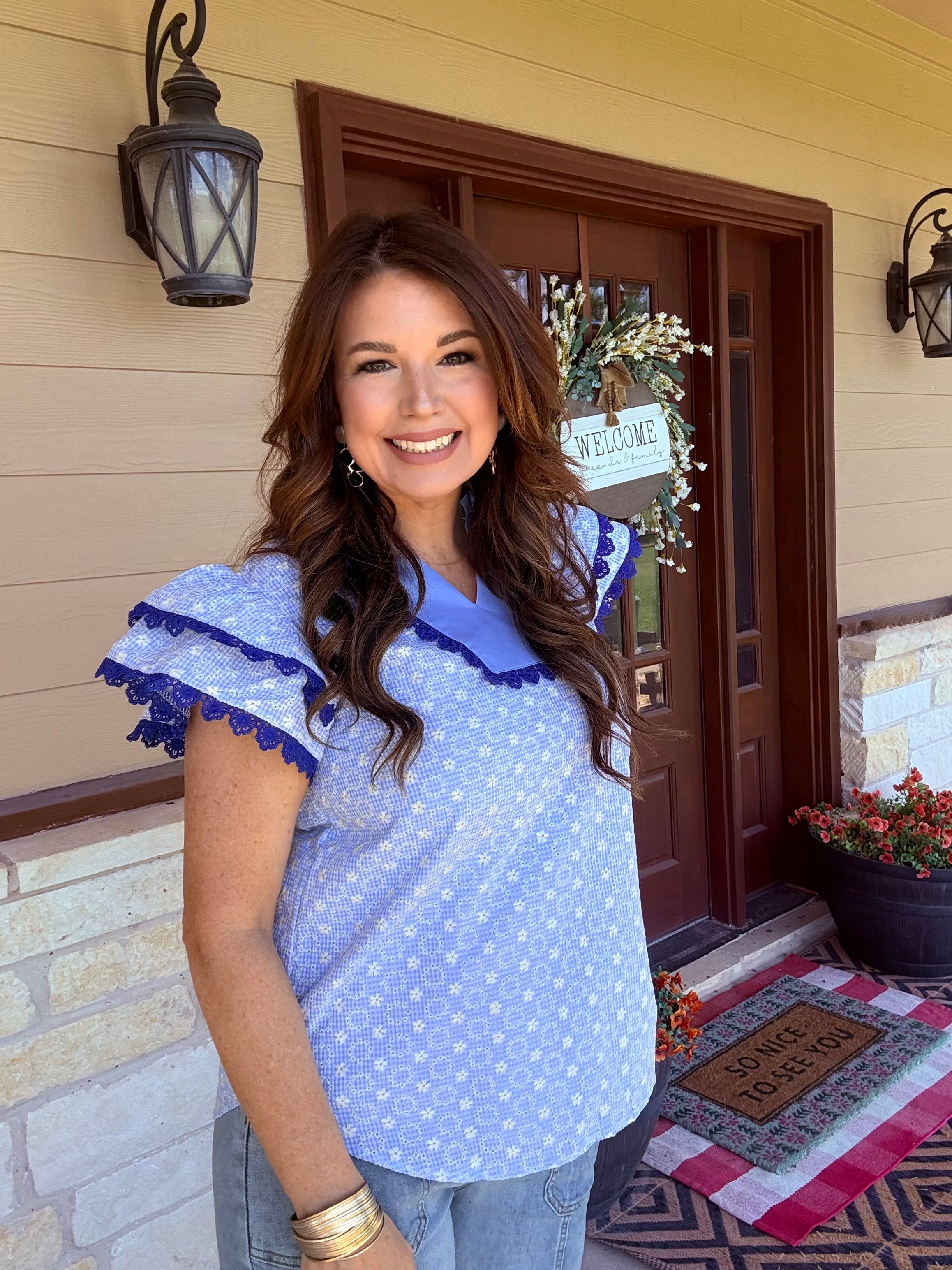Blueberry Lace Ruffle Sleeve Top