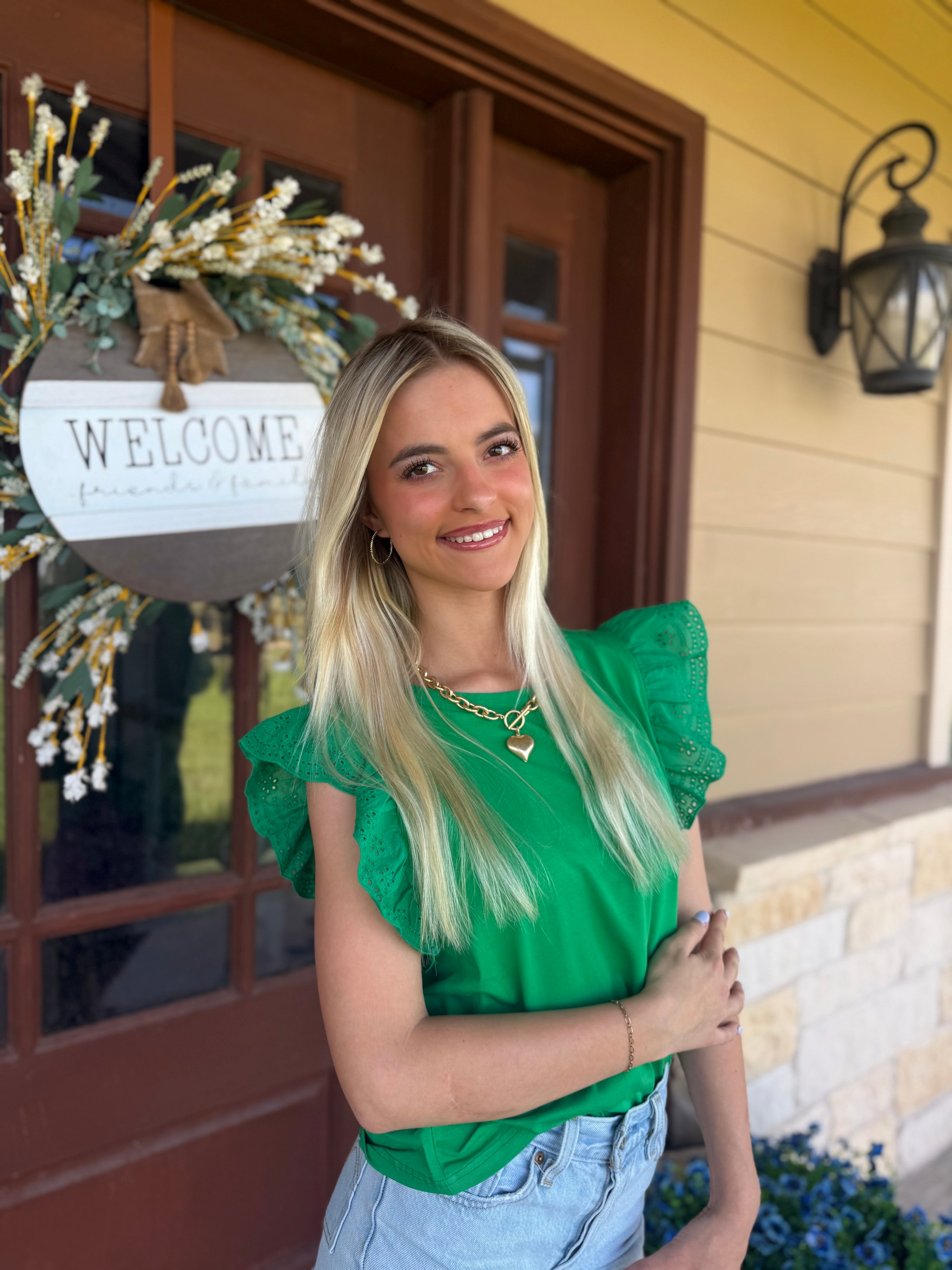 Embroidered Ruffle Sleeve Top - Green