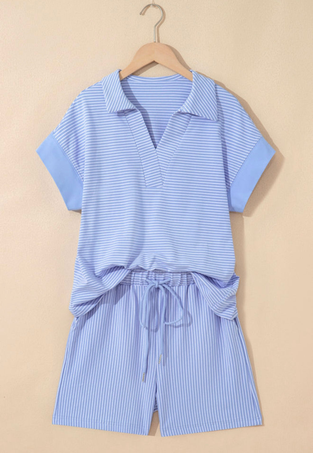 Blue Stripe Drawstring Short Set