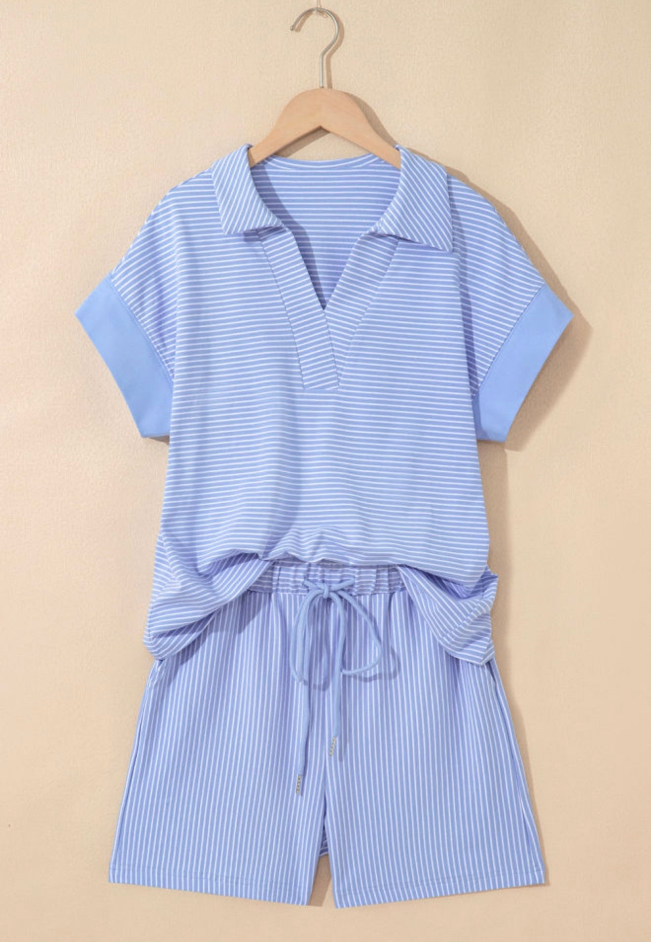 Blue Stripe Drawstring Short Set