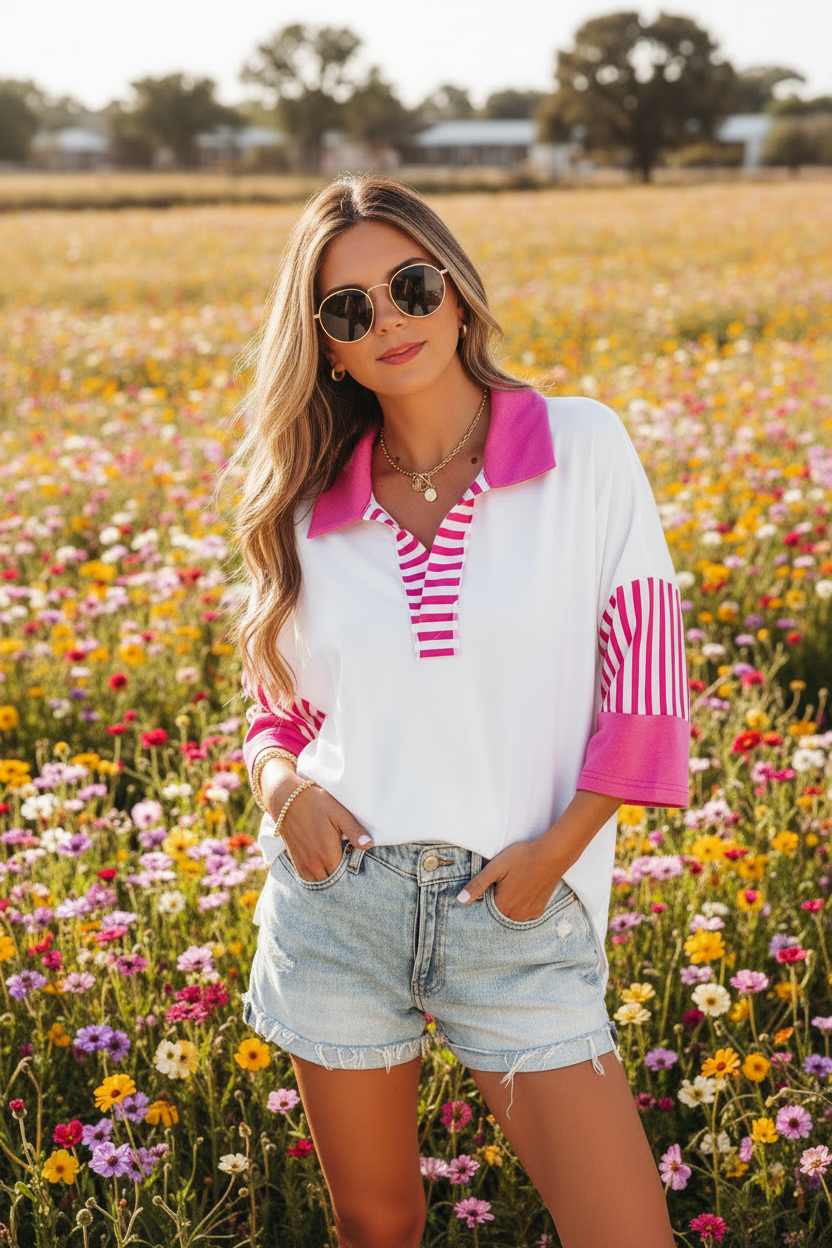 Pink and White Striped Color Block Top