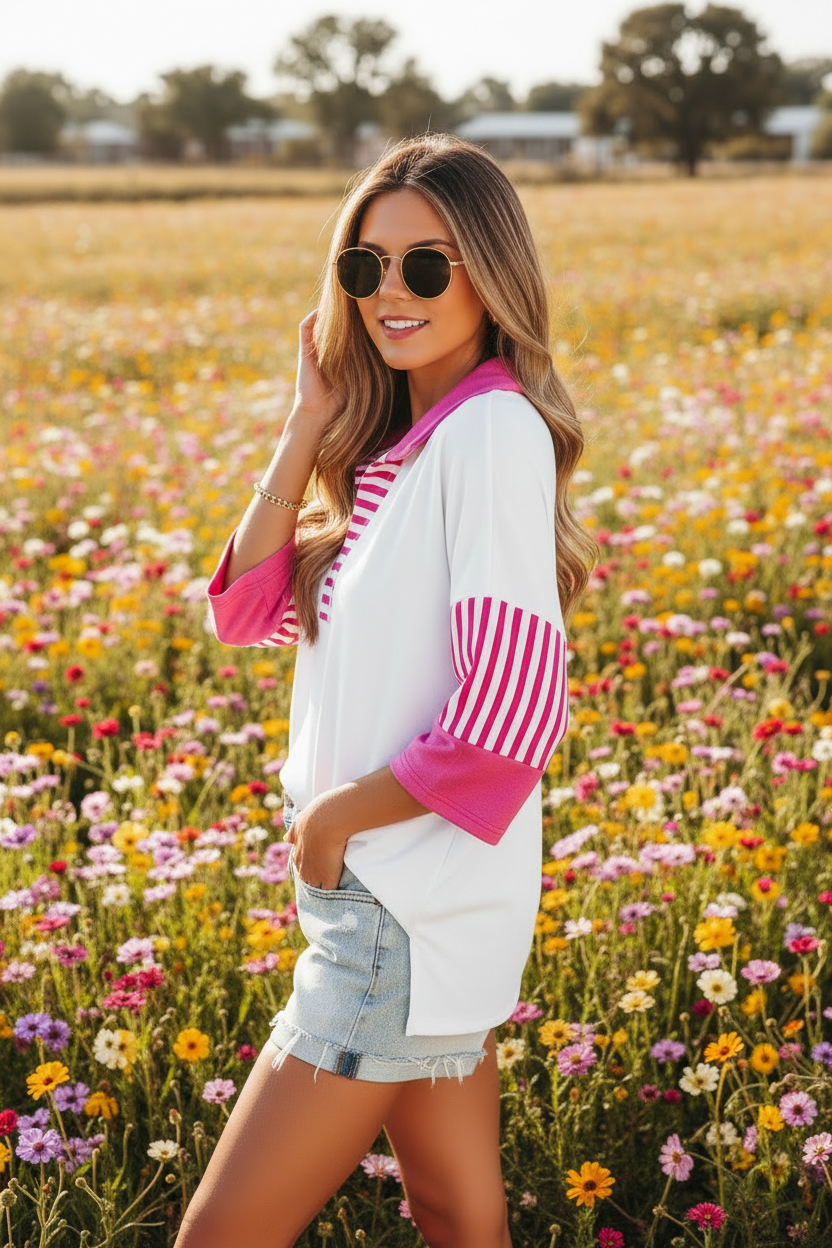 Pink and White Striped Color Block Top