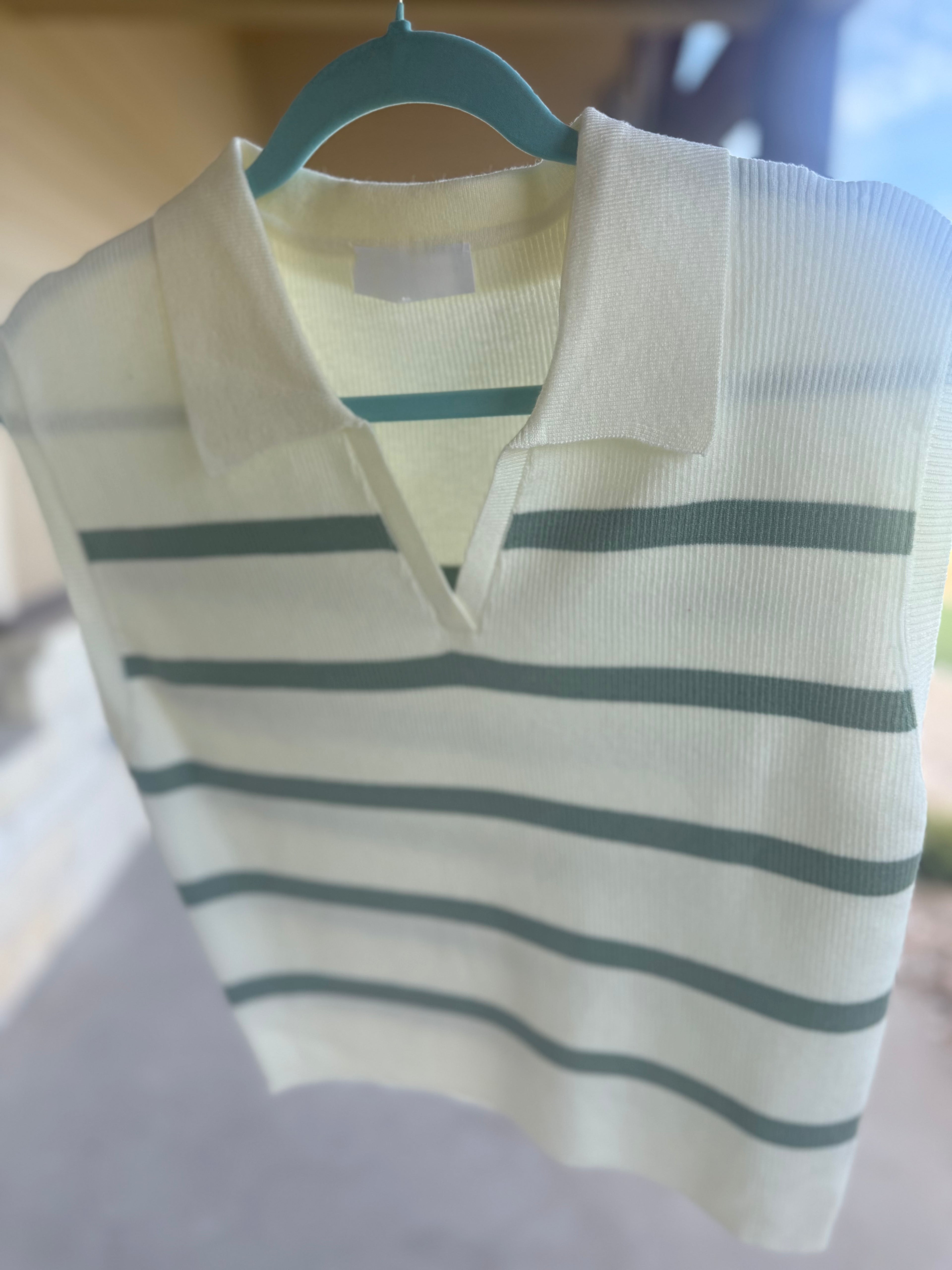 Cream and Green Striped Knit Top