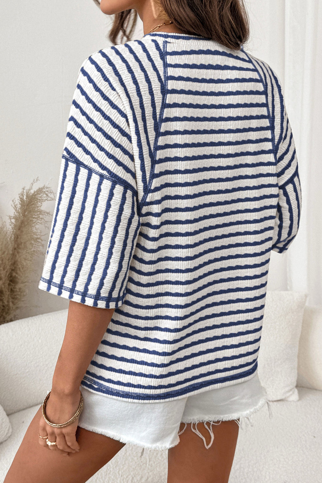 Navy Blue Striped Textured Top