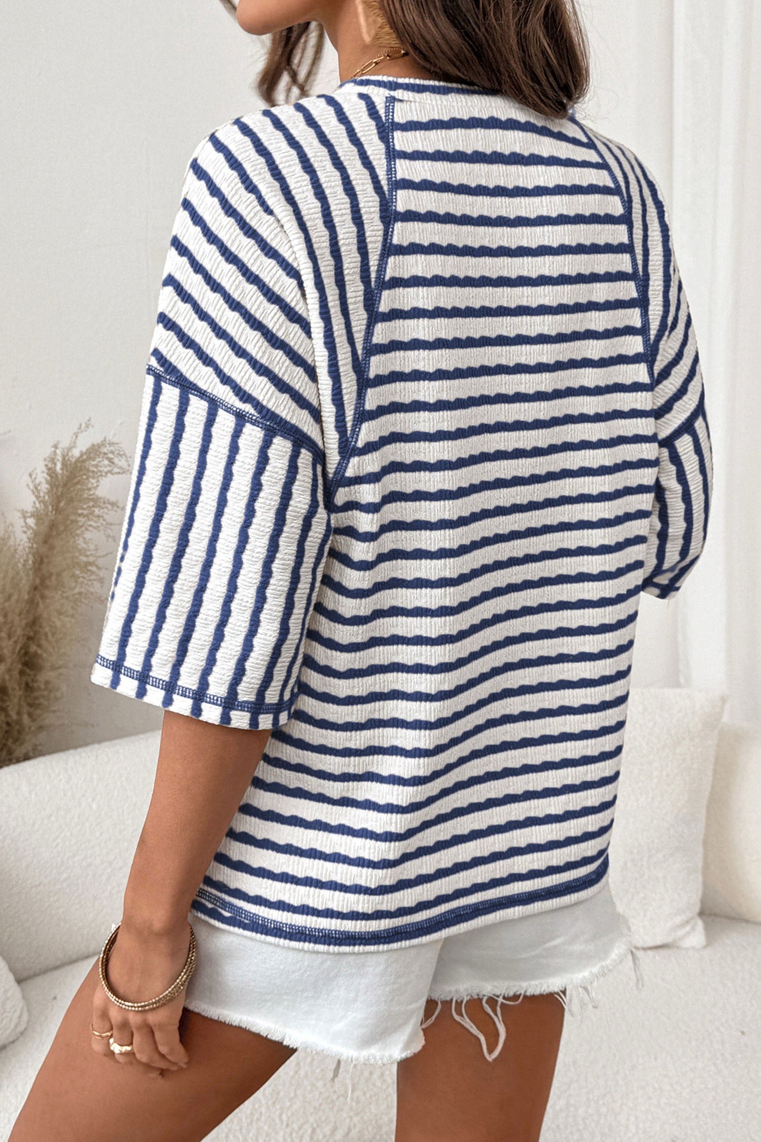 Navy Blue Striped Textured Top