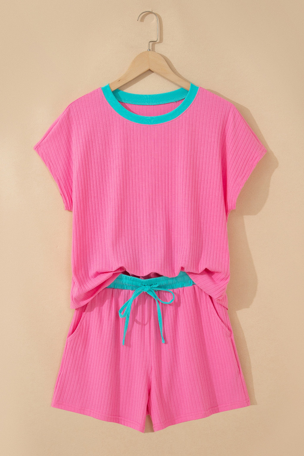 Pretty in Pink Soft Ribbed Color Block Short Set