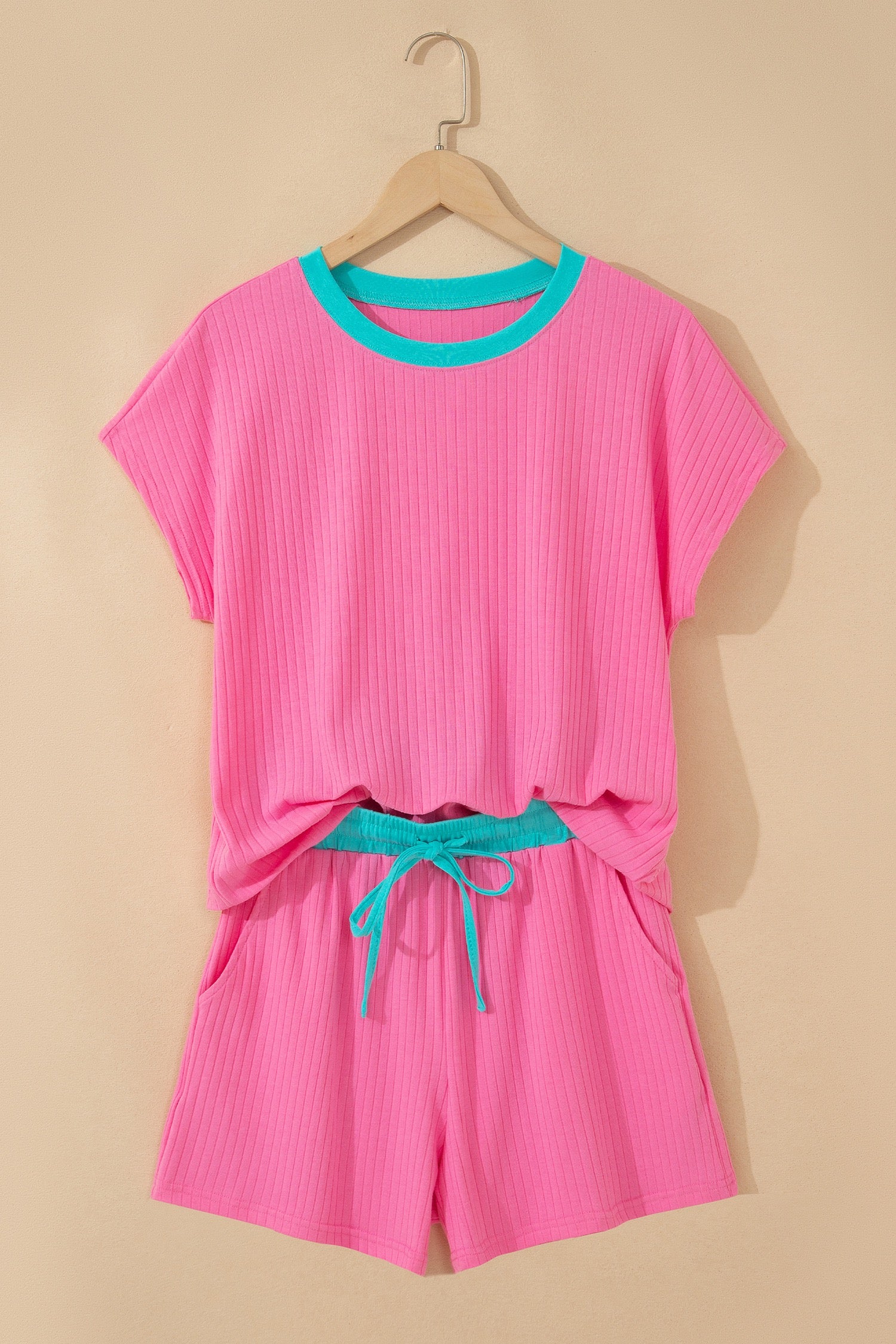 Pretty in Pink Soft Ribbed Color Block Short Set