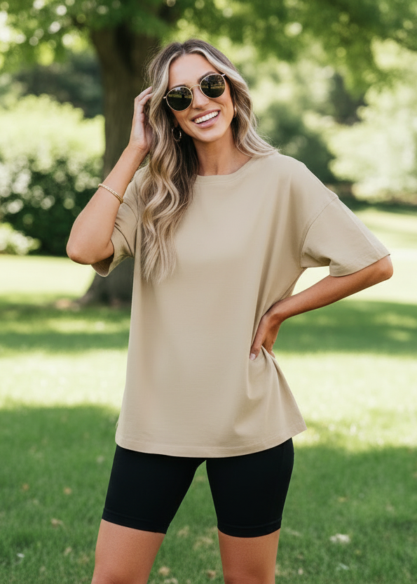 Tan Raw Hem Oversized Tee