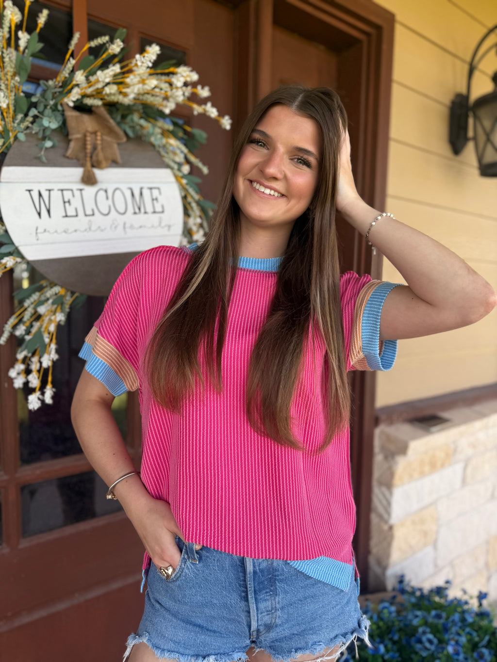 Textured Ribbed Tee - Pink