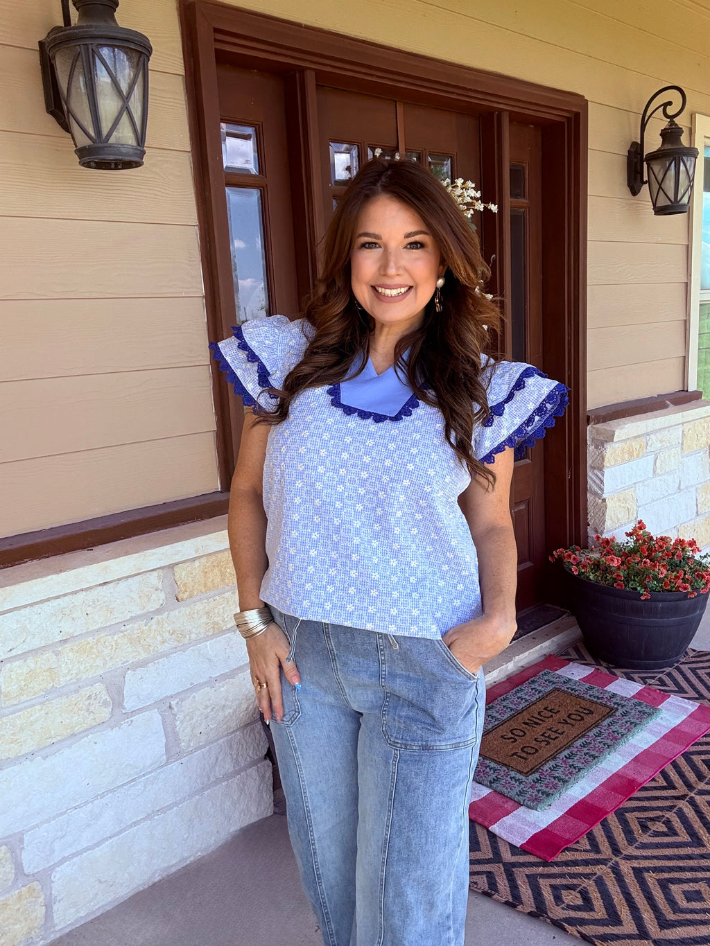 Blueberry Lace Ruffle Sleeve Top
