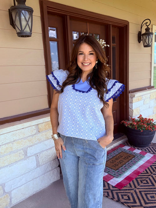 Blueberry Lace Ruffle Sleeve Top