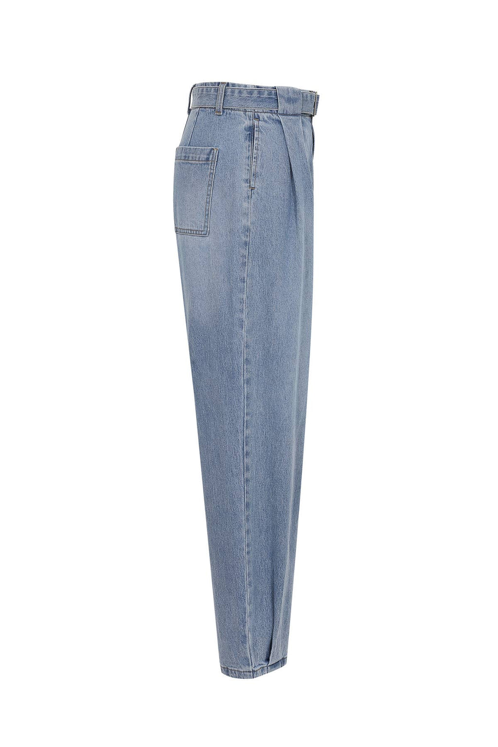 Pleated Loose Fit Jeans with Belt: Med Blue