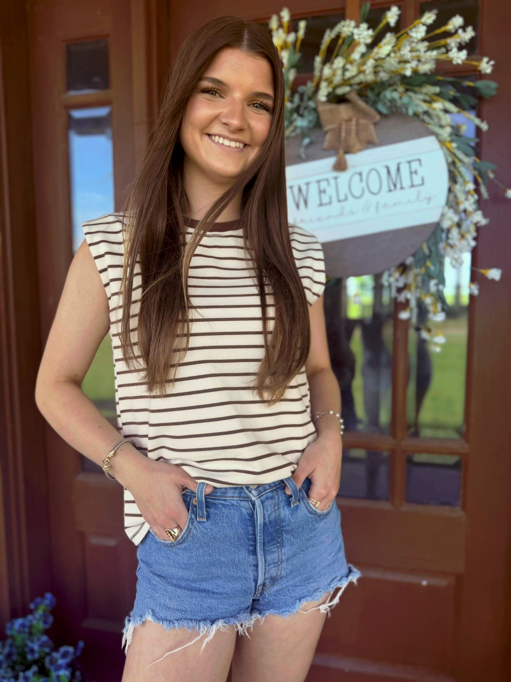 Striped Round Neck Tank - Brown