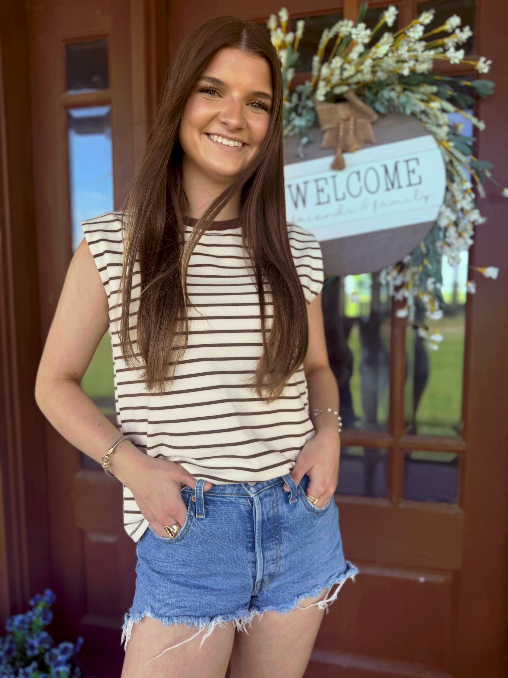 Striped Round Neck Tank - Brown