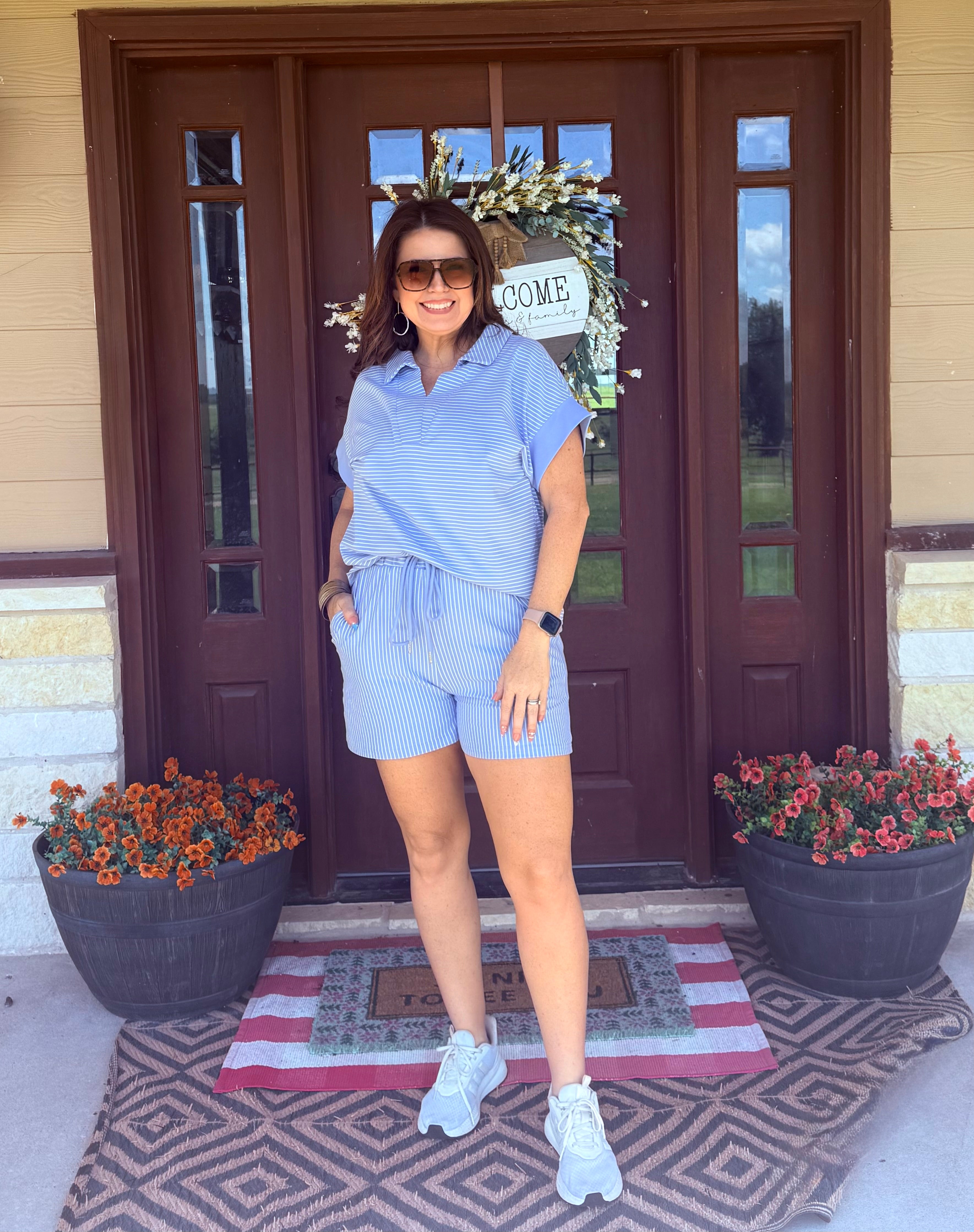 Blue Stripe Drawstring Short Set
