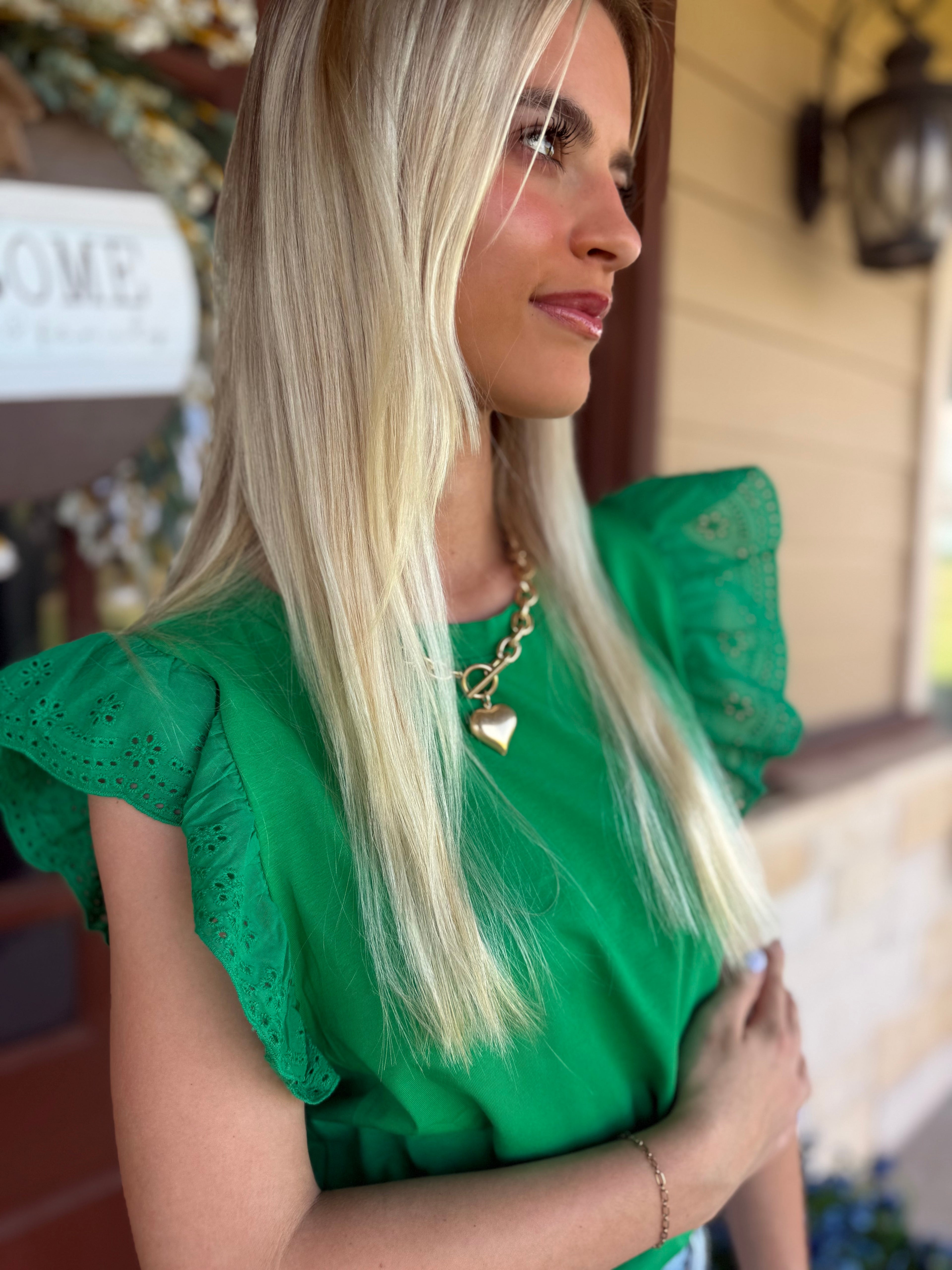 Embroidered Ruffle Sleeve Top - Green