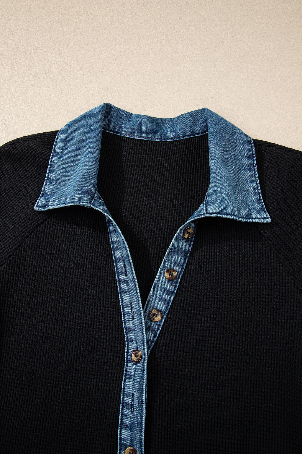 Black Waffle Knit Denim Detail Dress