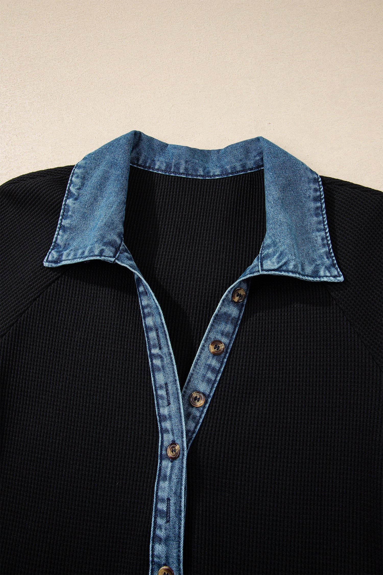 Black Waffle Knit Denim Detail Dress