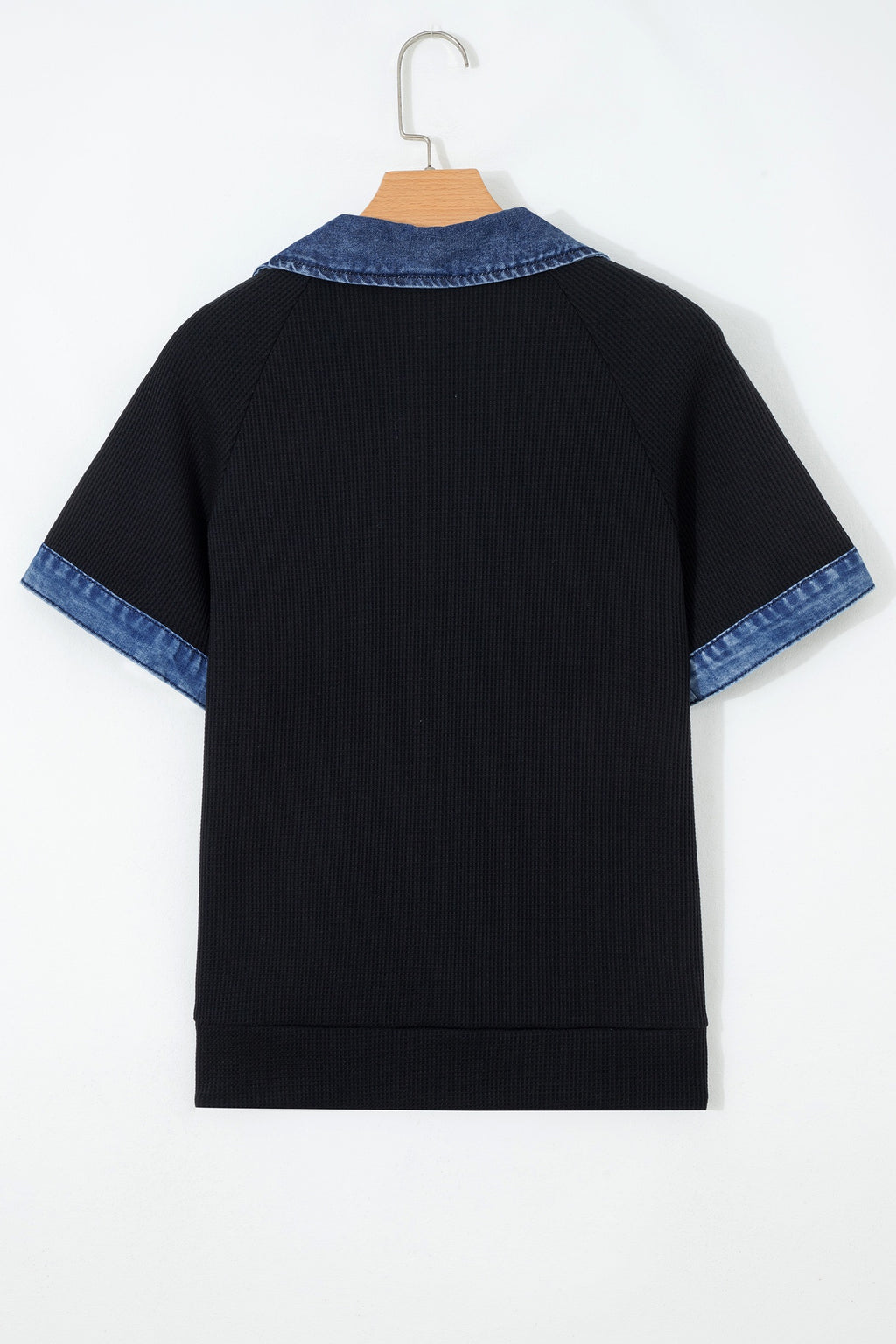 Black Waffle Knit Denim Detail Shirt