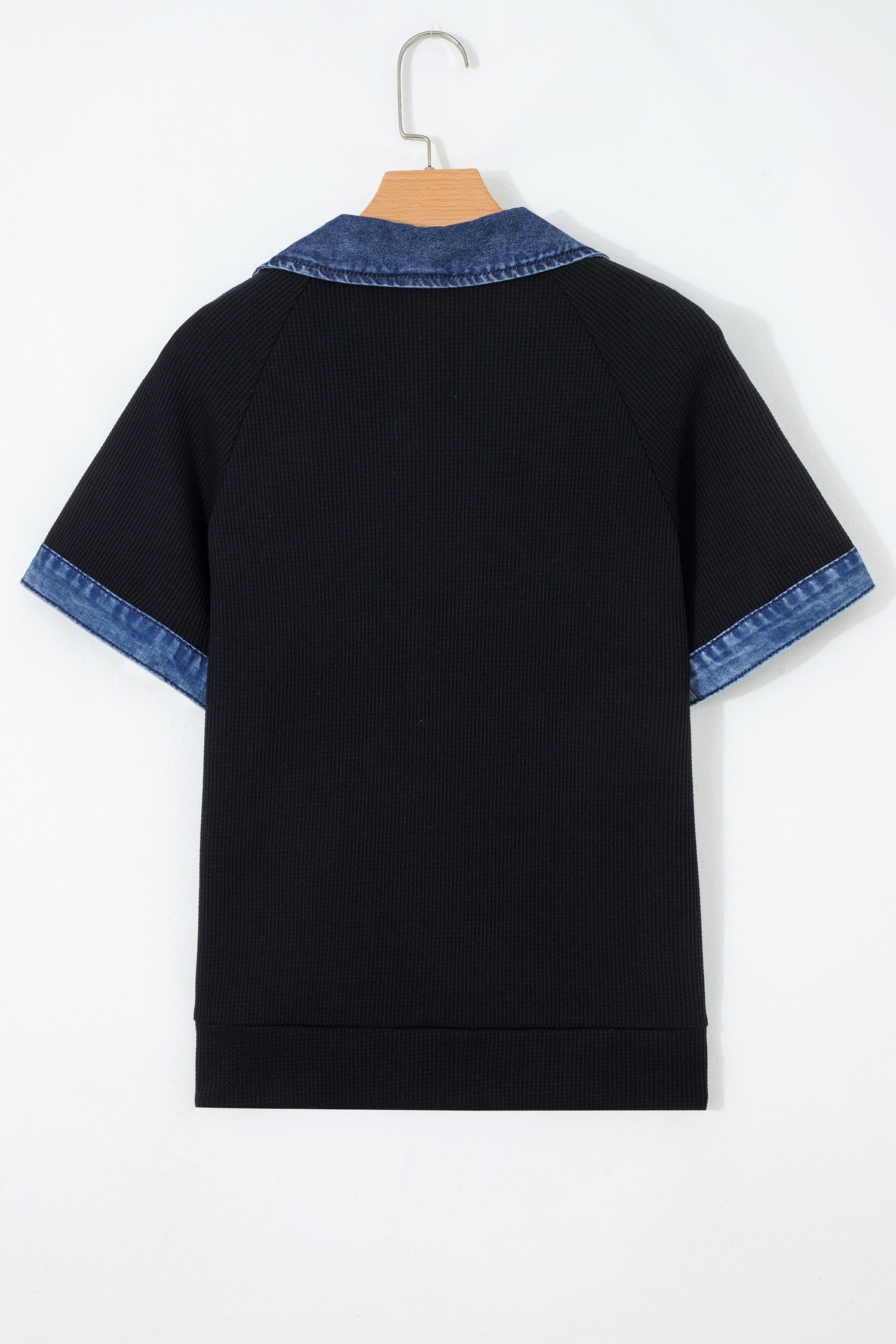 Black Waffle Knit Denim Detail Shirt