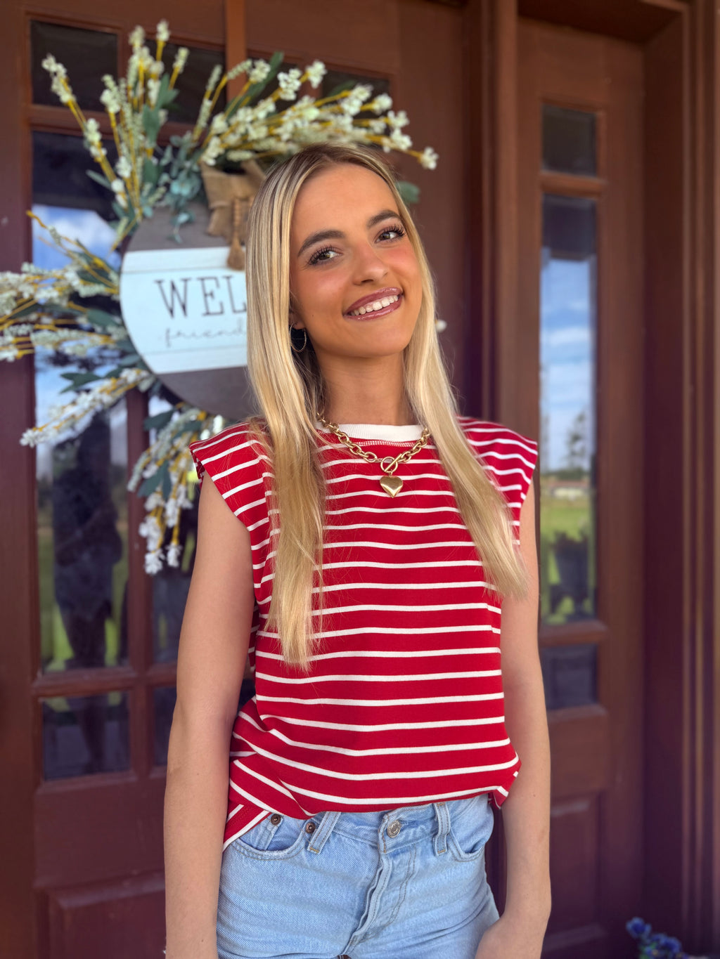 Striped Round Neck Tank - Red