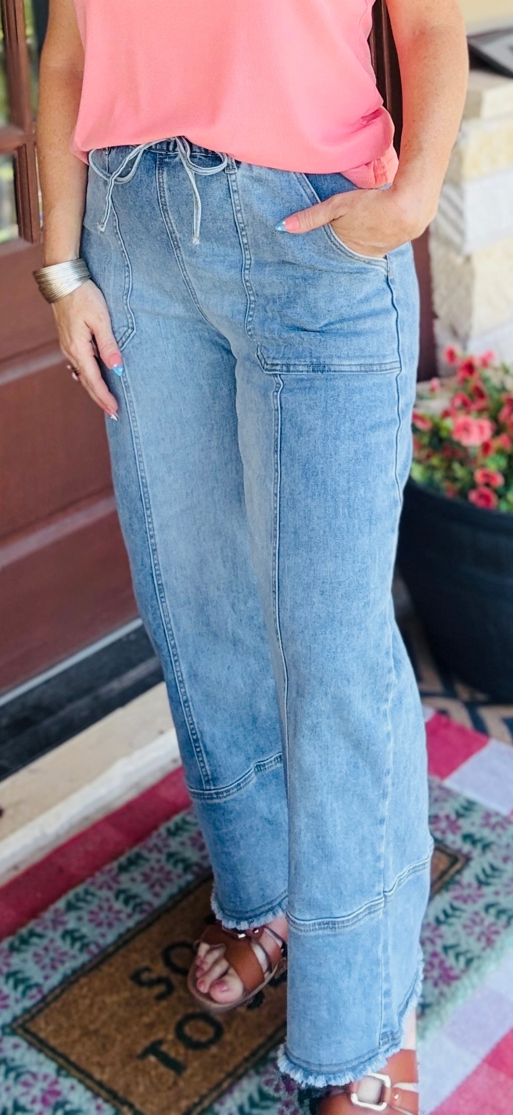 Drawstring Wide Leg Denim Pant