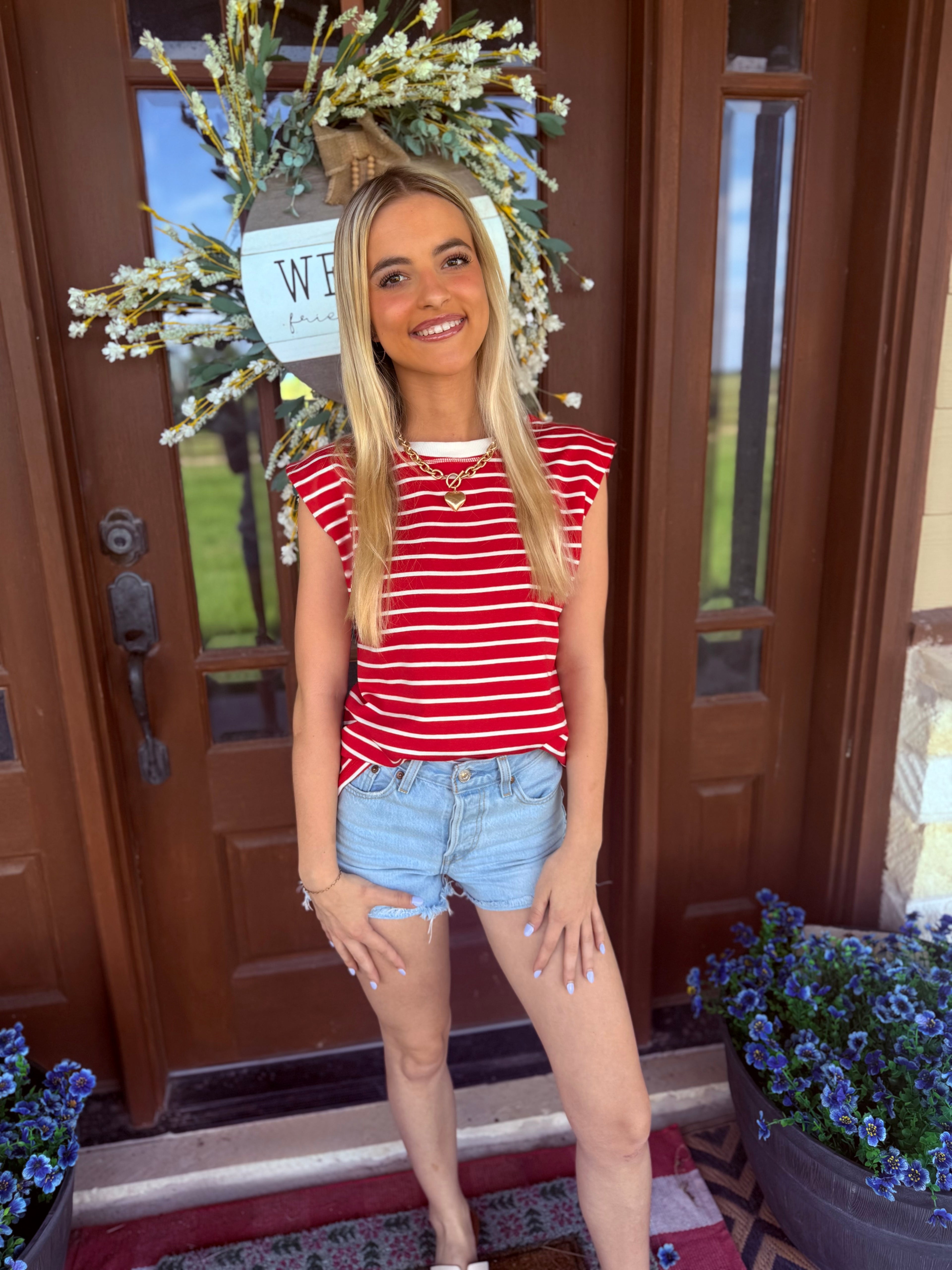 Striped Round Neck Tank - Red