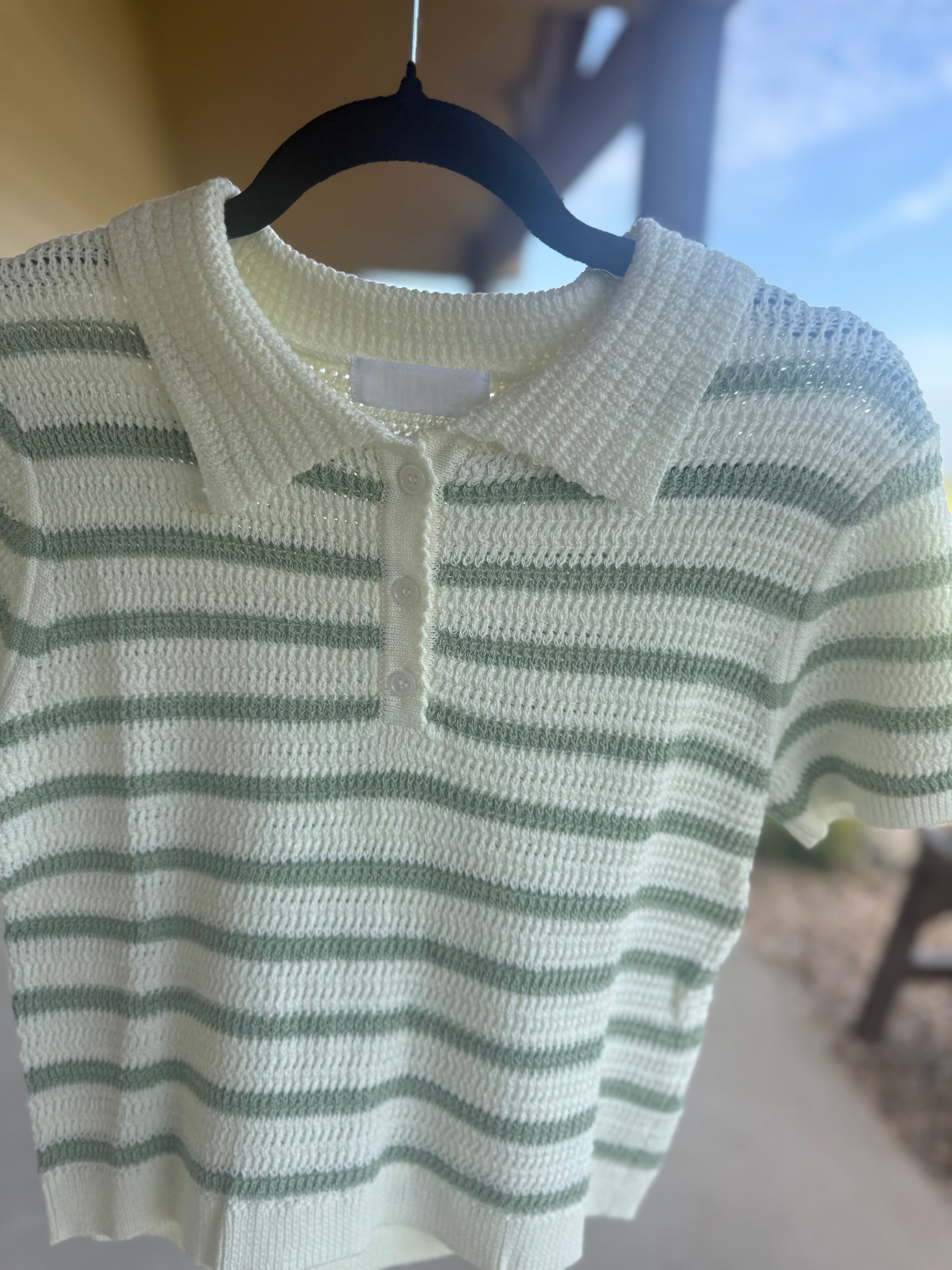 Sage Green Stripe Knit Polo Shirt