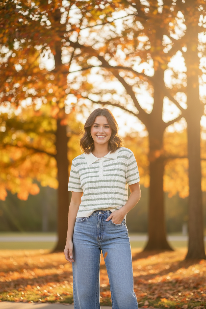 Sage Green Stripe Knit Polo Shirt