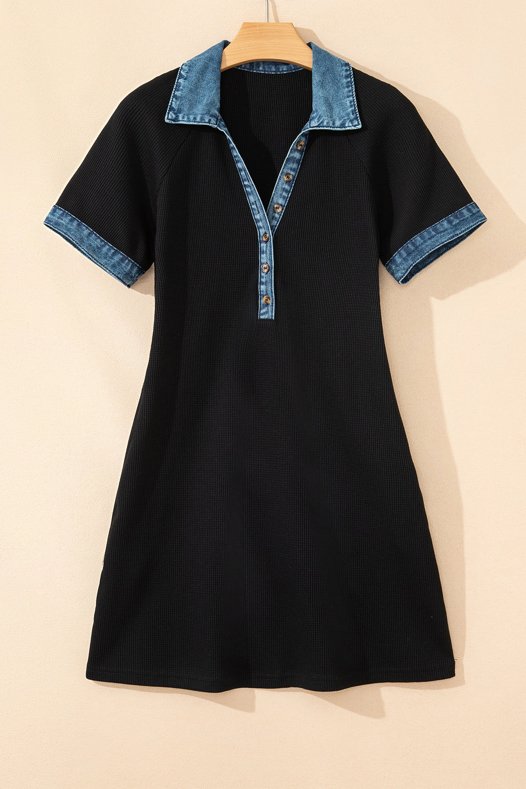 Black Waffle Knit Denim Detail Dress