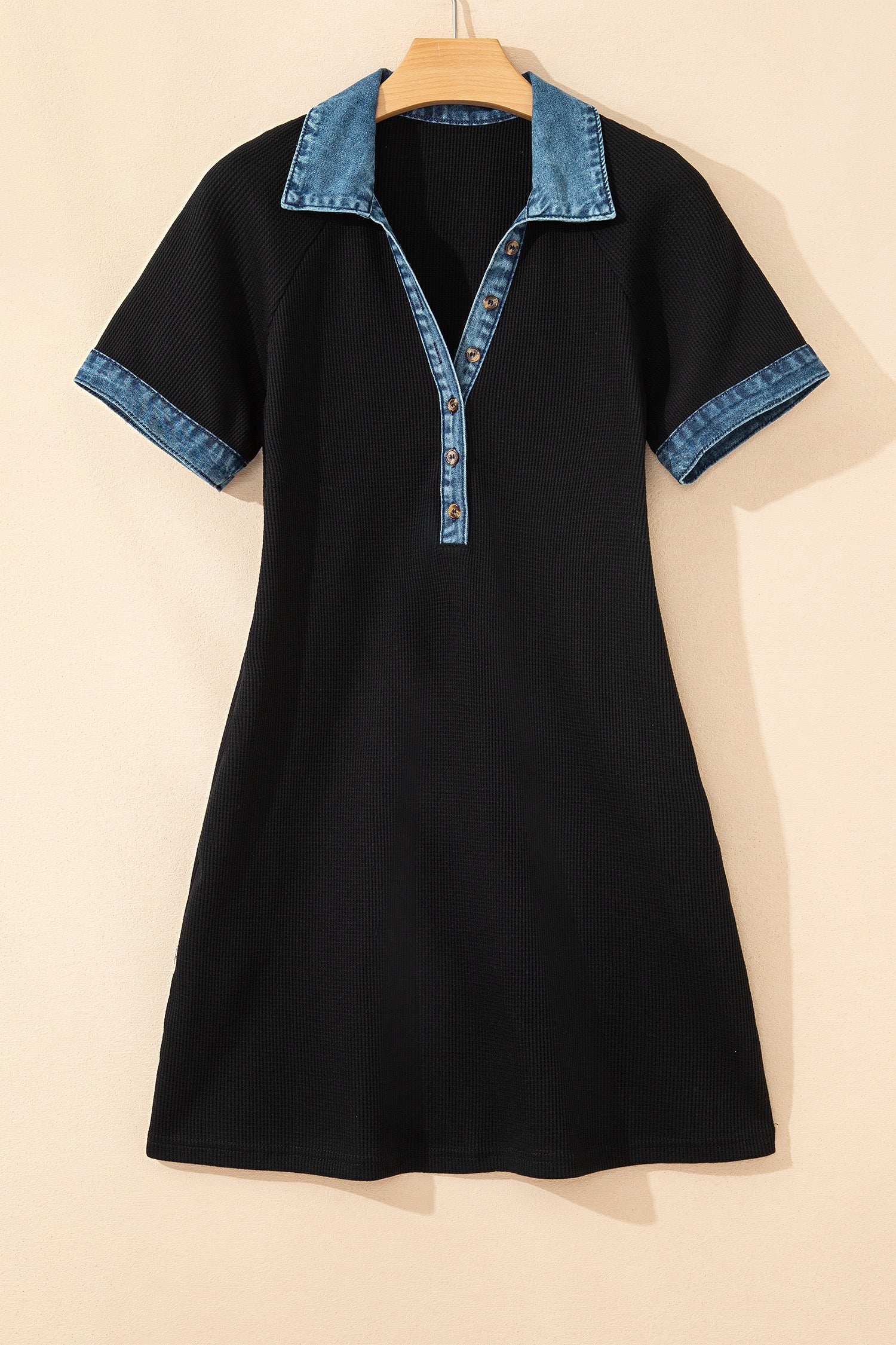Black Waffle Knit Denim Detail Dress