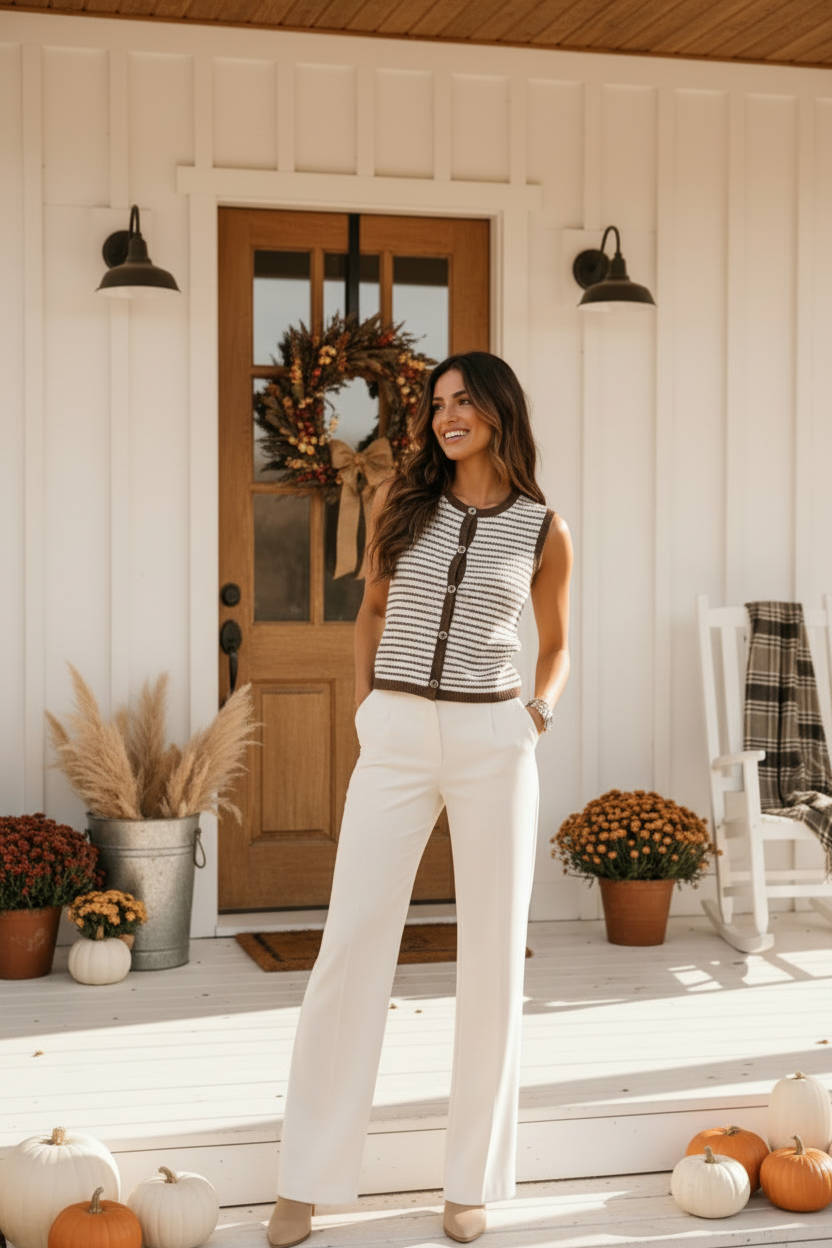 Brown Stripe Button Up Knit Top
