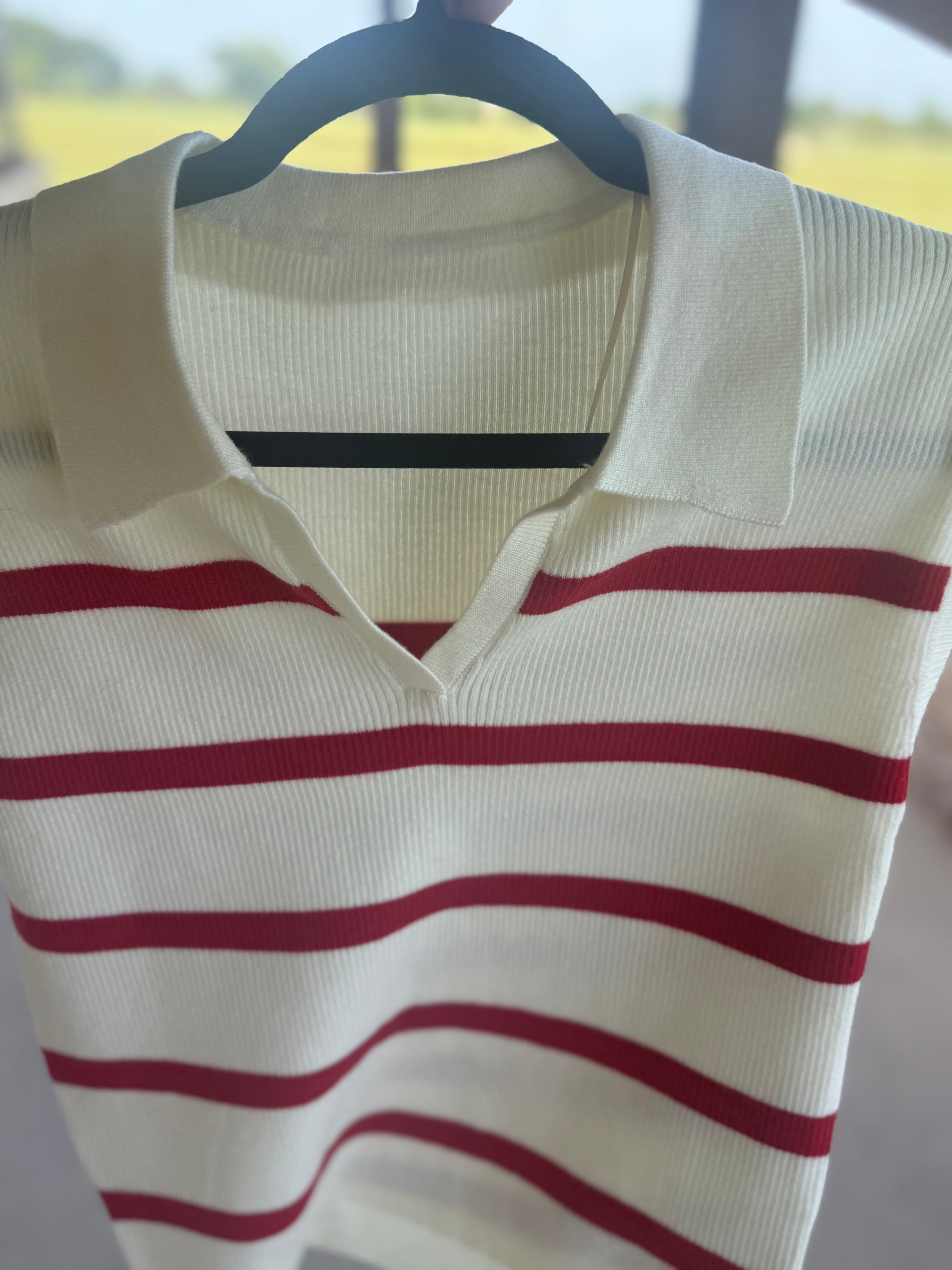 Cream and Red Striped Knit Top