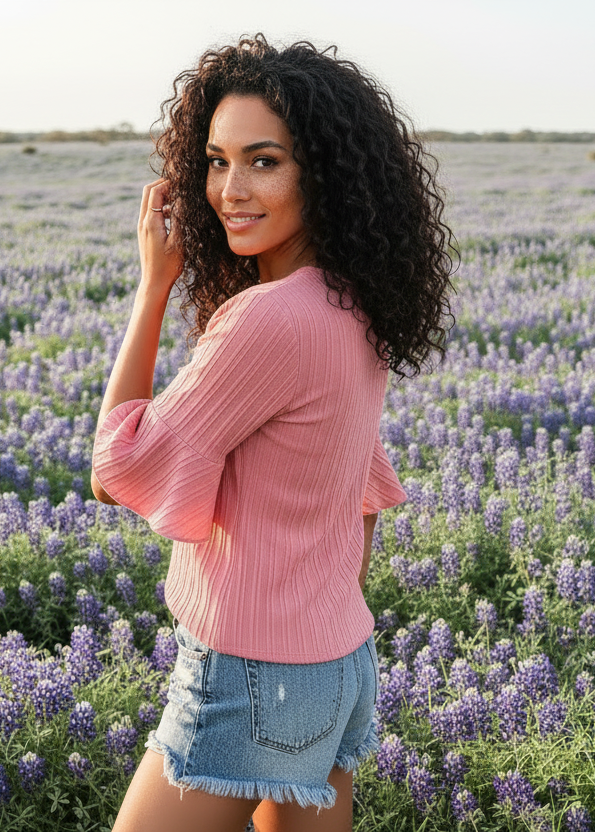 Ruffled Half Sleeve V Neck Textured Top