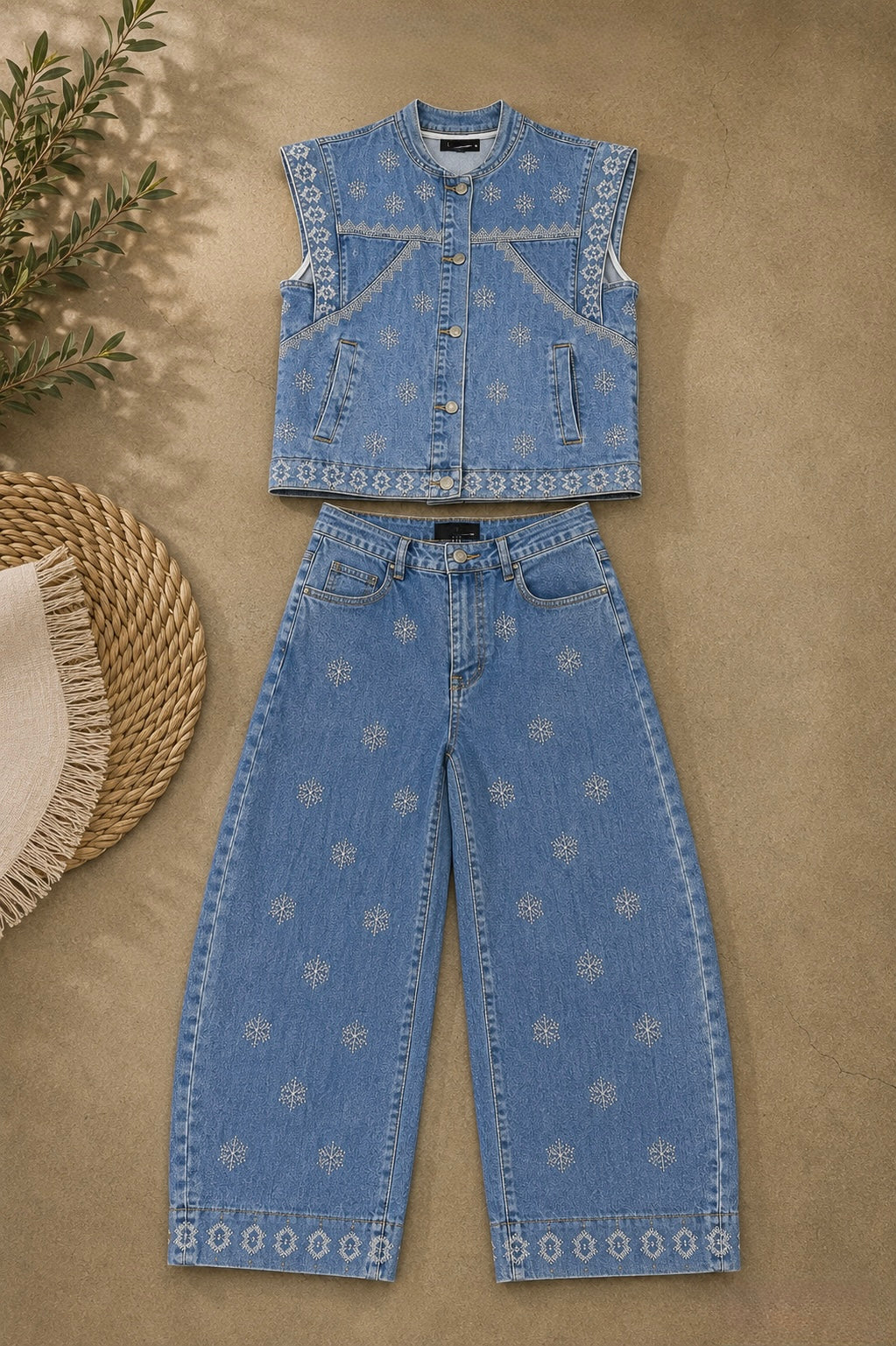 Denim Embroidered Set