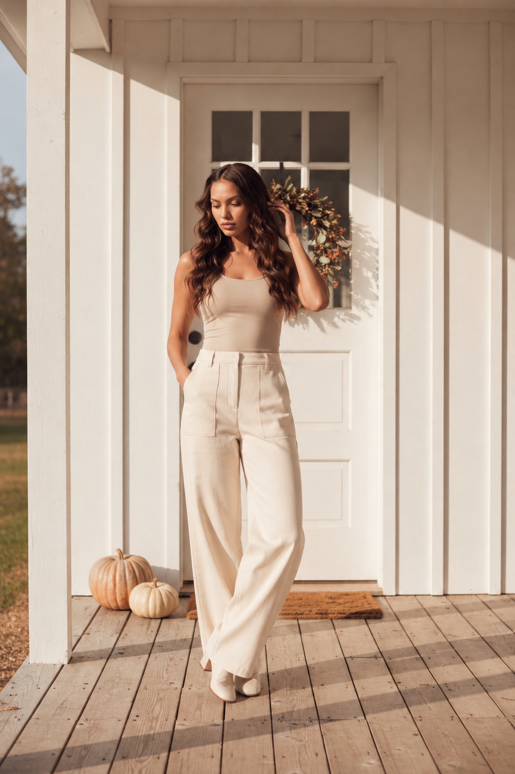 Cream- Cotton/Linen Wide Leg Pant