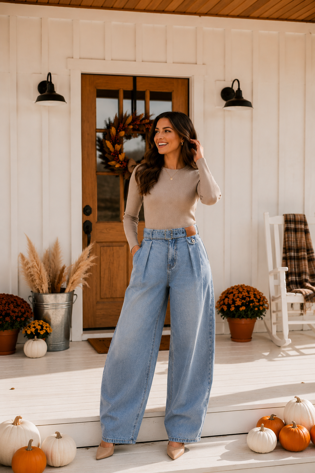 Pleated Loose Fit Jeans with Belt: Med Blue