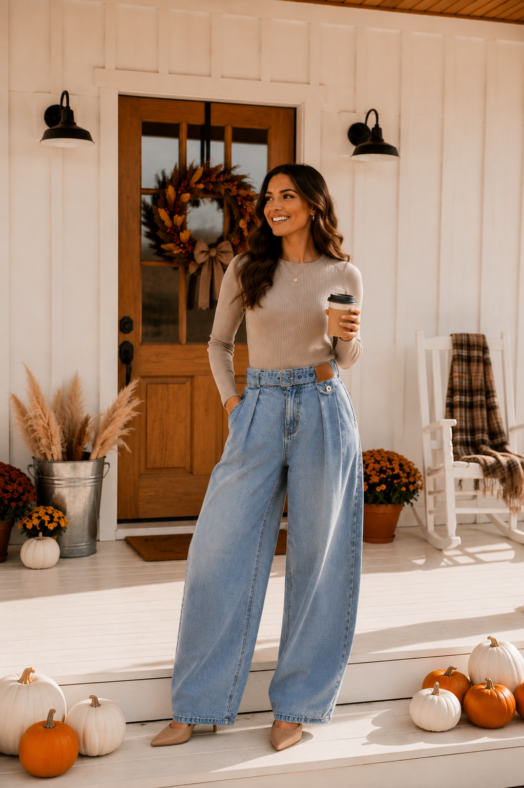 Pleated Loose Fit Jeans with Belt: Med Blue